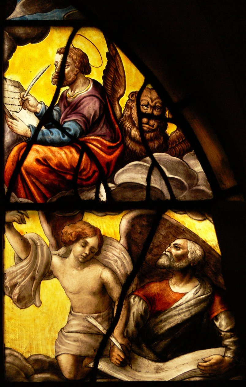 Vindue i Charnier (w.2), der viser en detalje fra værtens mirakel: Markus og Matthæus af French School