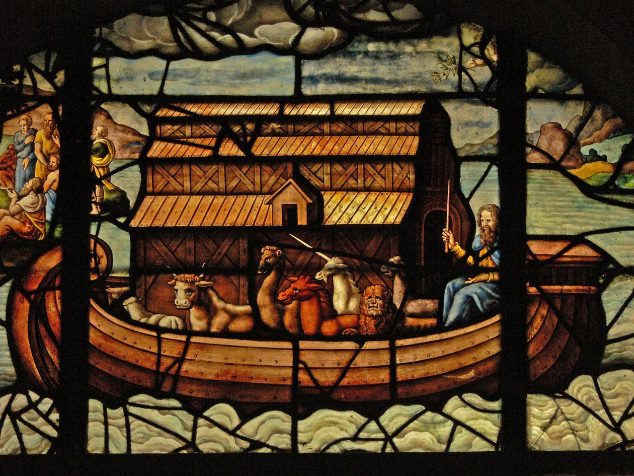 Vindue i Charnier (w.3) forestillende en detalje fra Noahs ark af French School