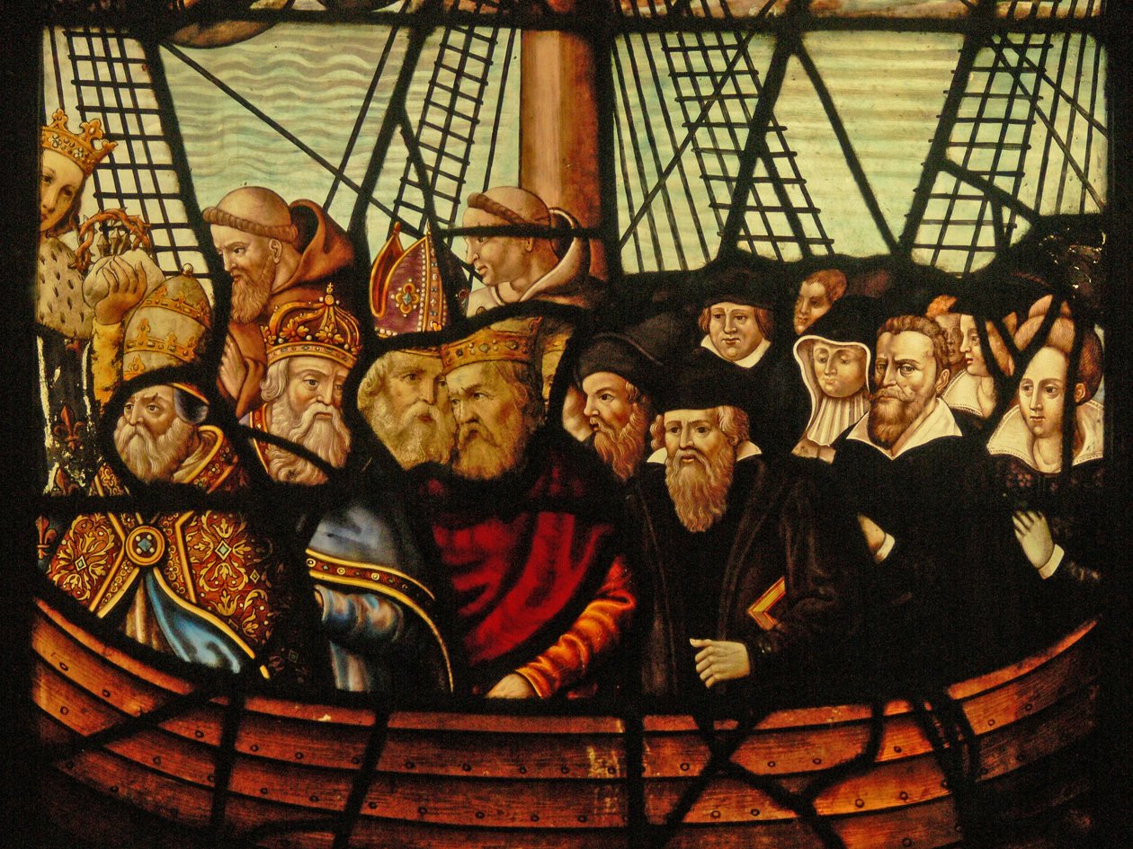Window in the Charnier (w.3) forestillende Kirkens Ark og Kristus med en bådfuld af de troende af French School