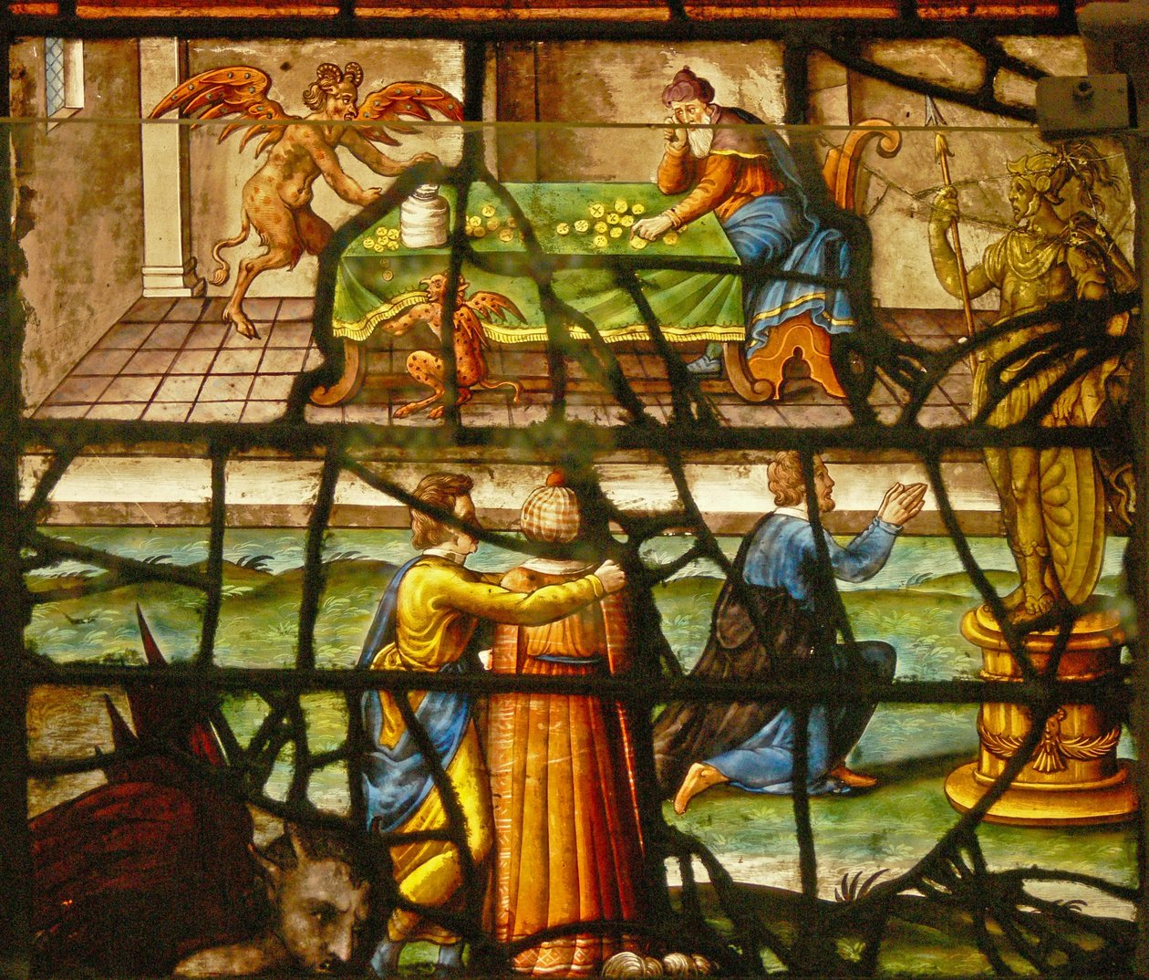Window in the Charnier (w.6) skildrer påsken, påsken og synder (spil og afgudsdyrkelse) af French School