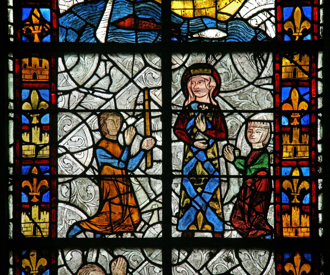 Vindue n1, der viser Saint Radegonde: En kur ved helgengraven; fra gigt? (Sandsynligvis ikke den traditionelle Godas-kur) af French School
