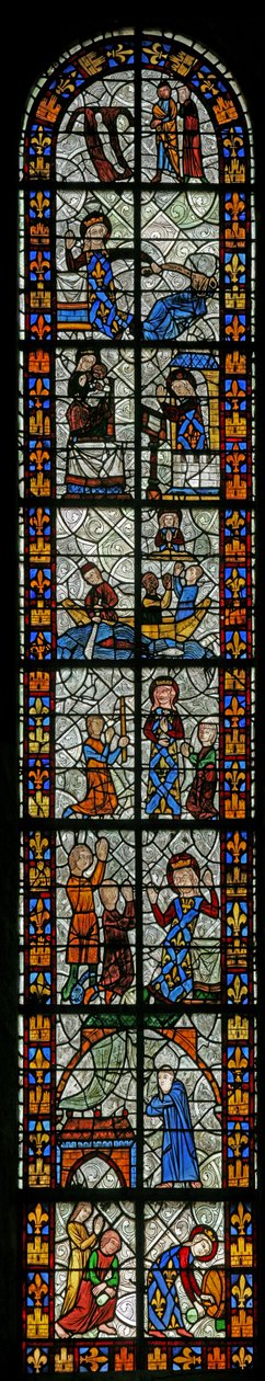 Vindue n1, der viser scener fra Saint Radegondes liv af French School