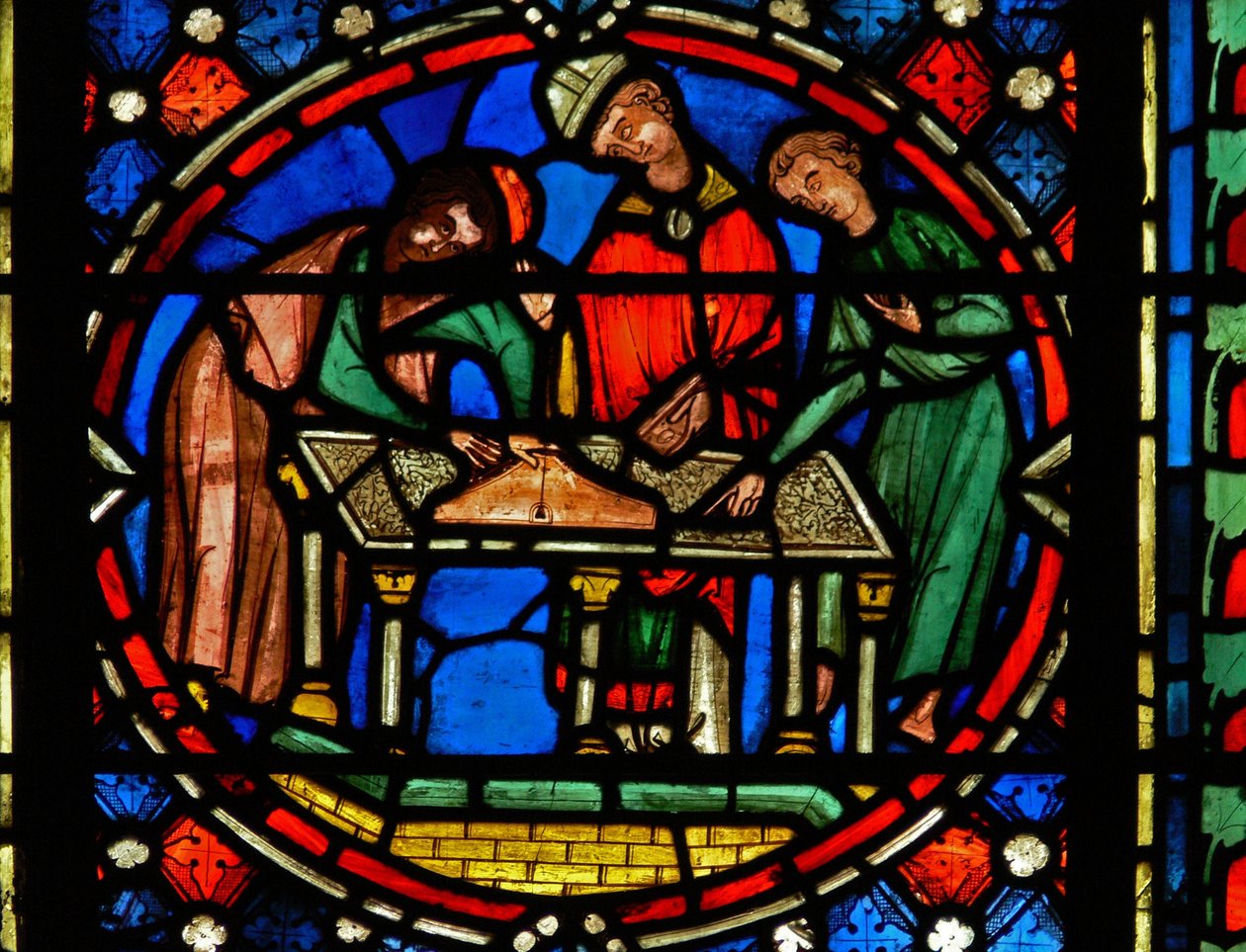 Vindue n2-C, der viser St Austremoine, der bygger kirken ved Issoire af French School