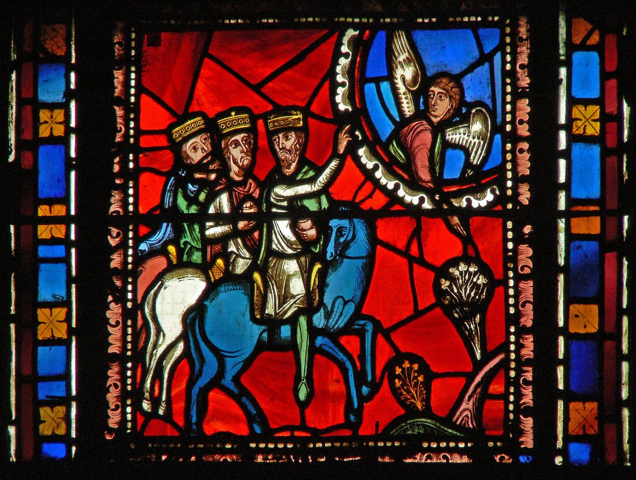 Vindue s2-C, der viser magi, der rejser og følger en engel af French School