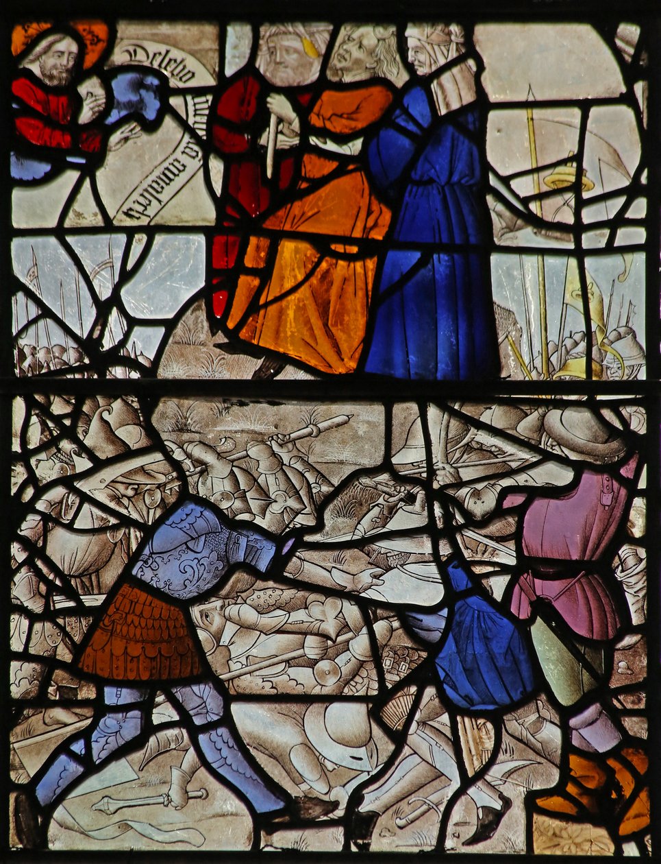 Vindue s2, der forestiller Moses ved slagtningen af amalekiterne af French School