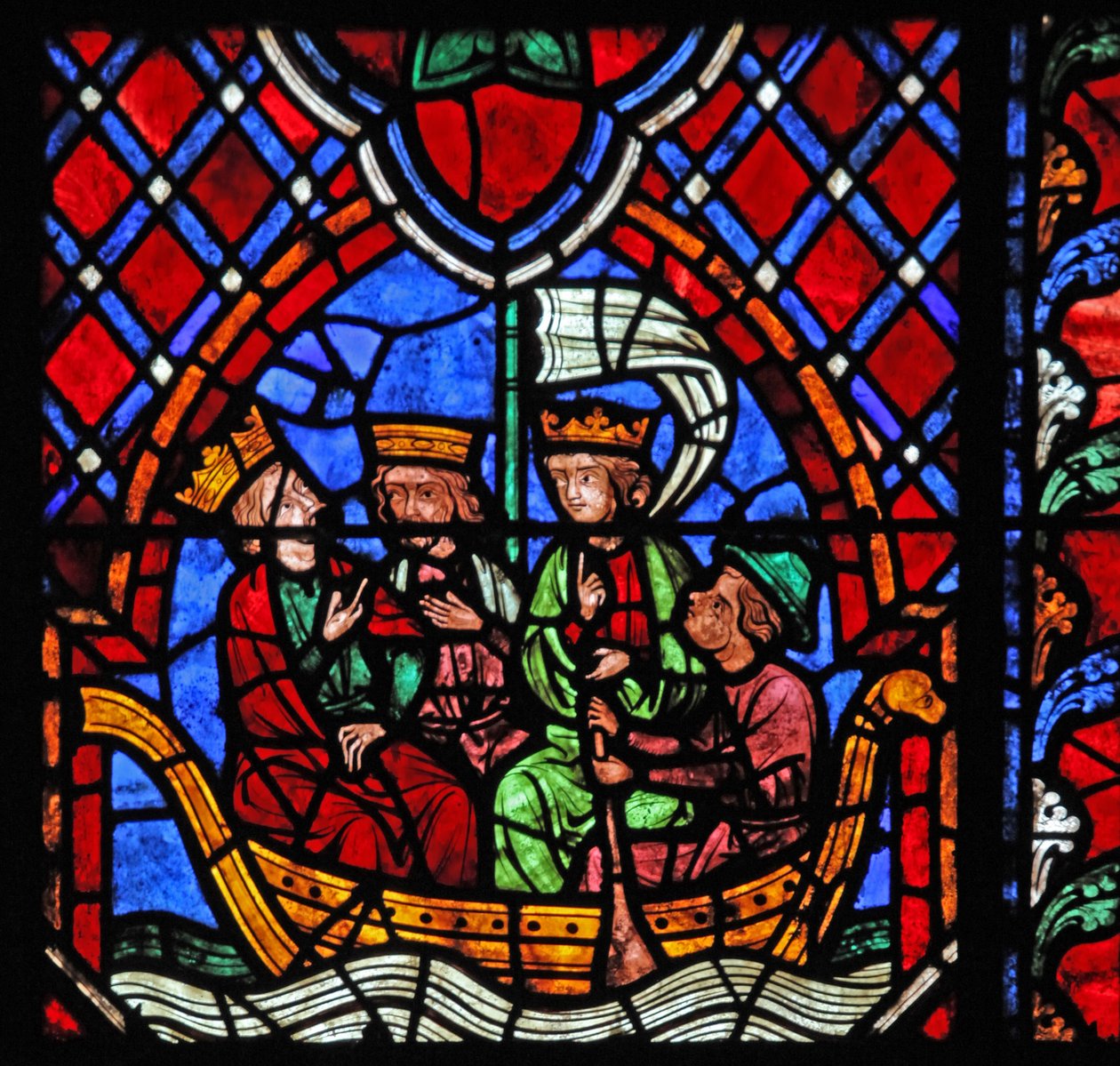 Vindue w01, der viser, at Magi afgår fra Fødselen af French School