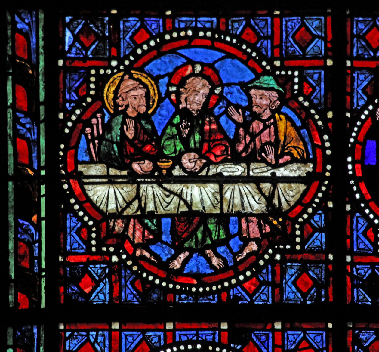 Vindue w02, der viser en opstandelsesscene: nadveren i Emmaus af French School