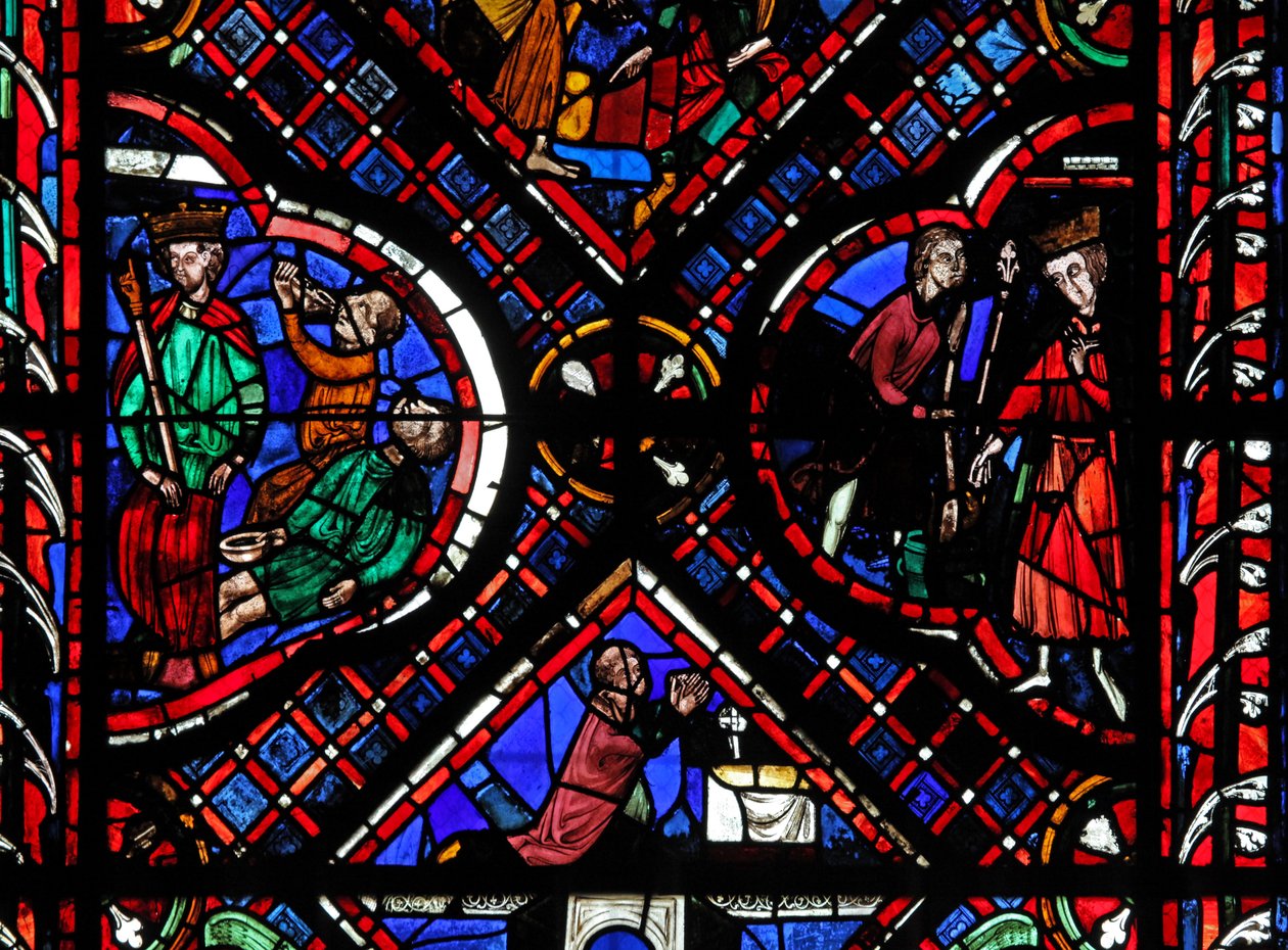 Vindue w03, der viser scener fra legenden om St John, inklusive helgenen og den forgiftede kop af French School