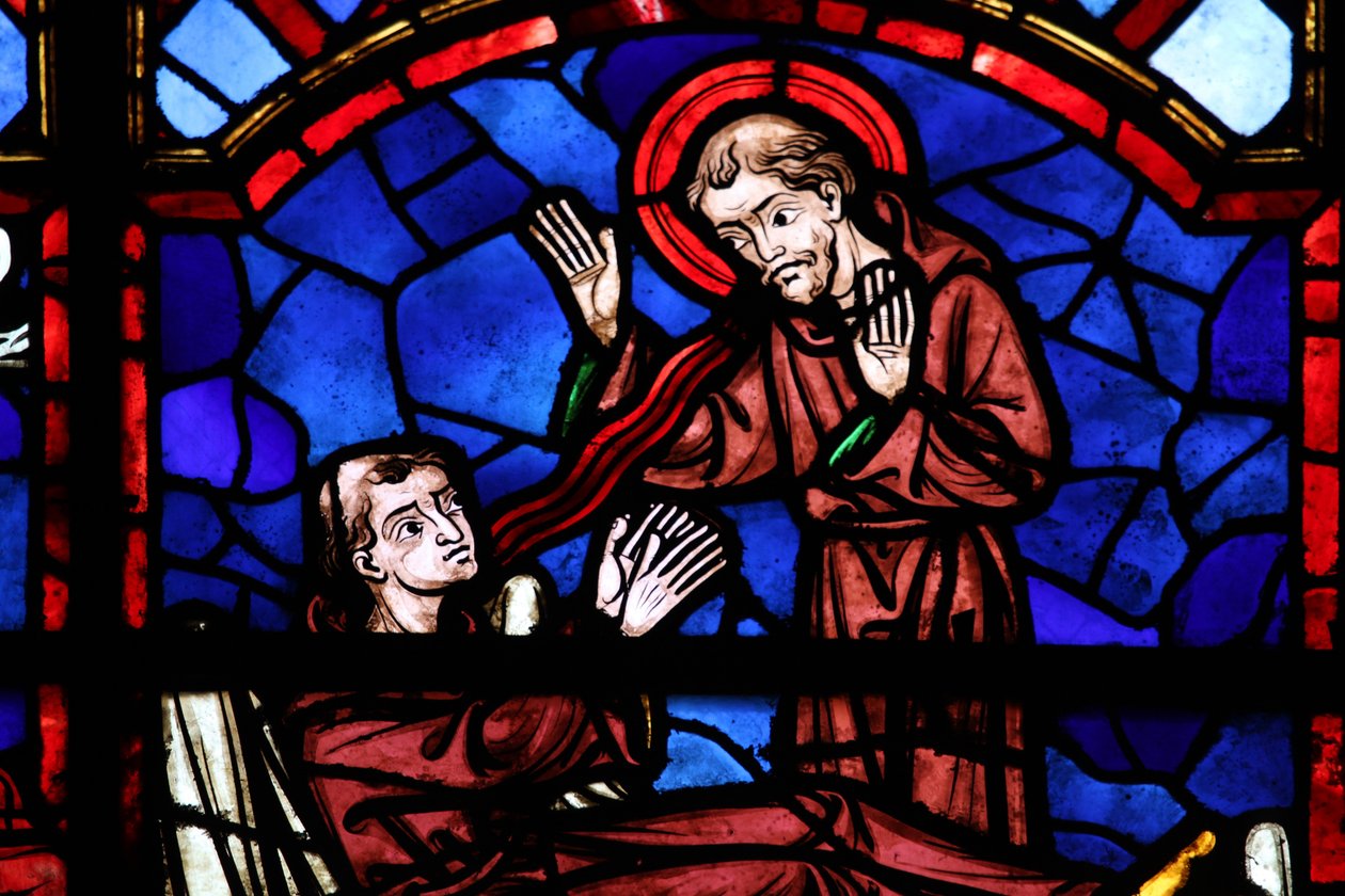 Vindue w04, der forestiller en hellig munk, ser ud for St. Martin af French School