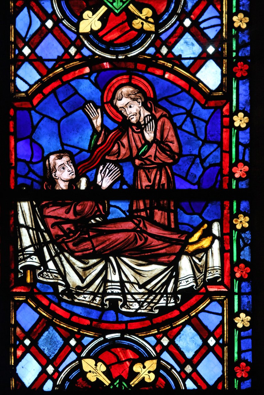 Vindue w04, der forestiller en hellig munk, ser ud for St. Martin af French School