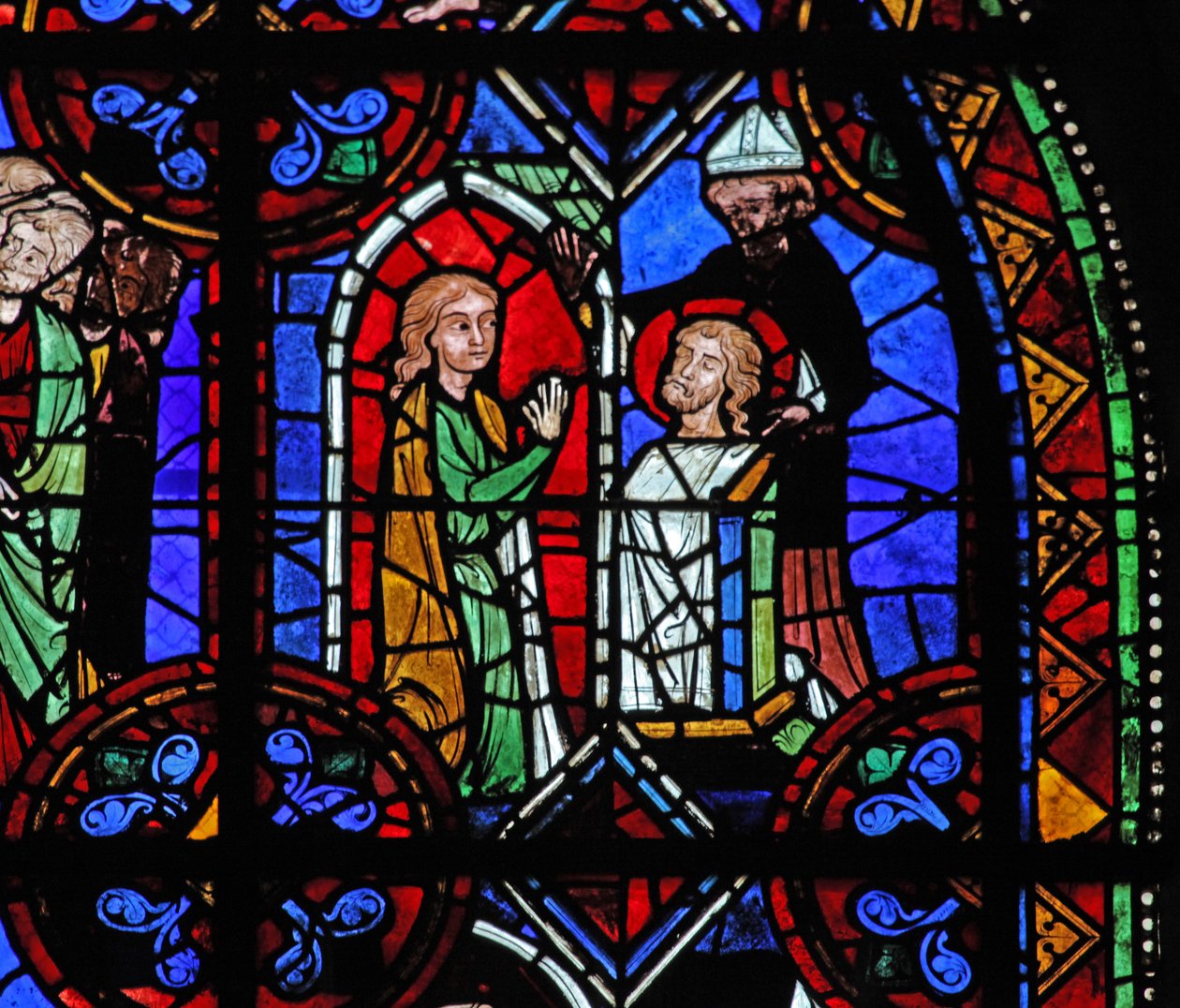 Vindue w06, der viser en pilgrim foran relikvien fra St. Julien de Brioude af French School
