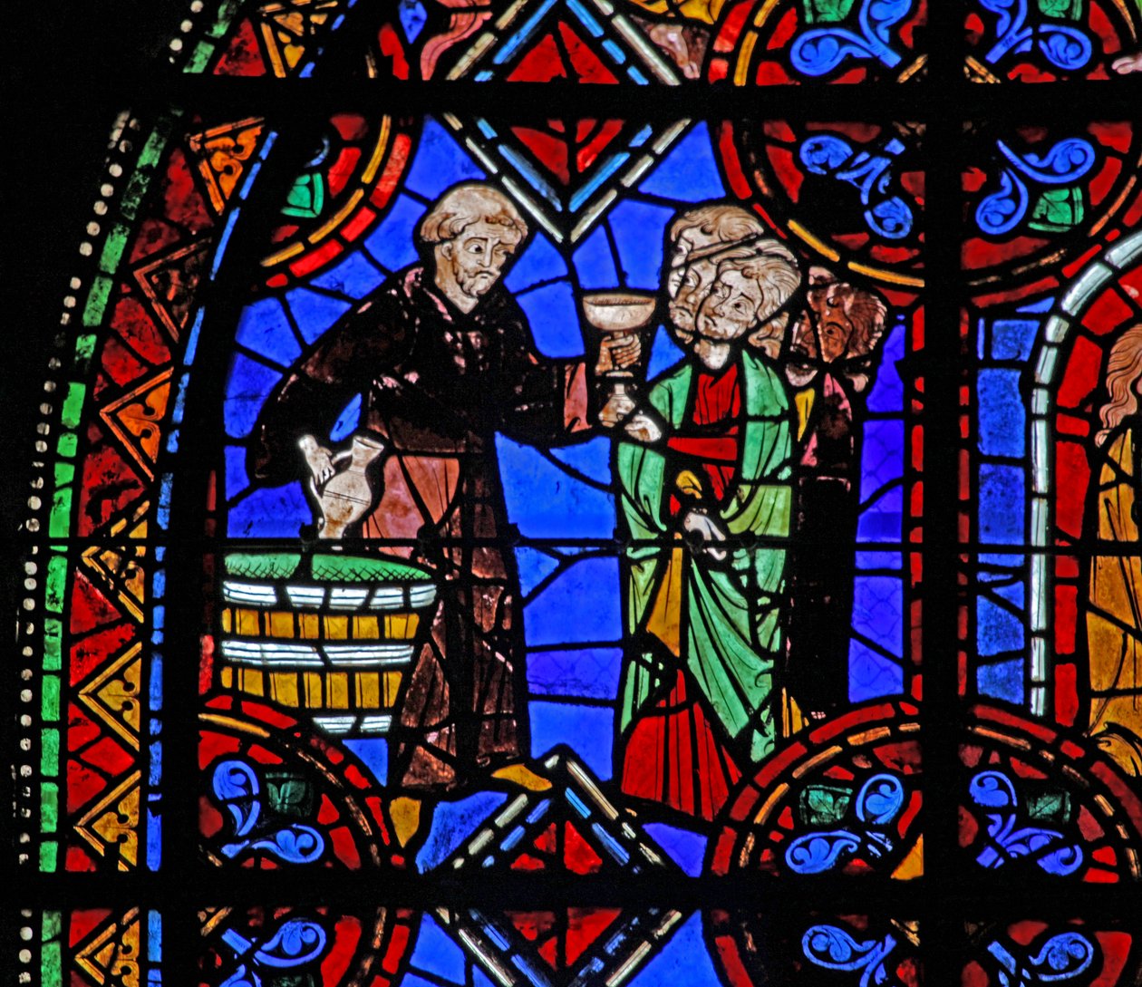 Vindue w06, der viser pilgrimme ved graven til St. Julian af Brioude, hvor vin uddeles af French School