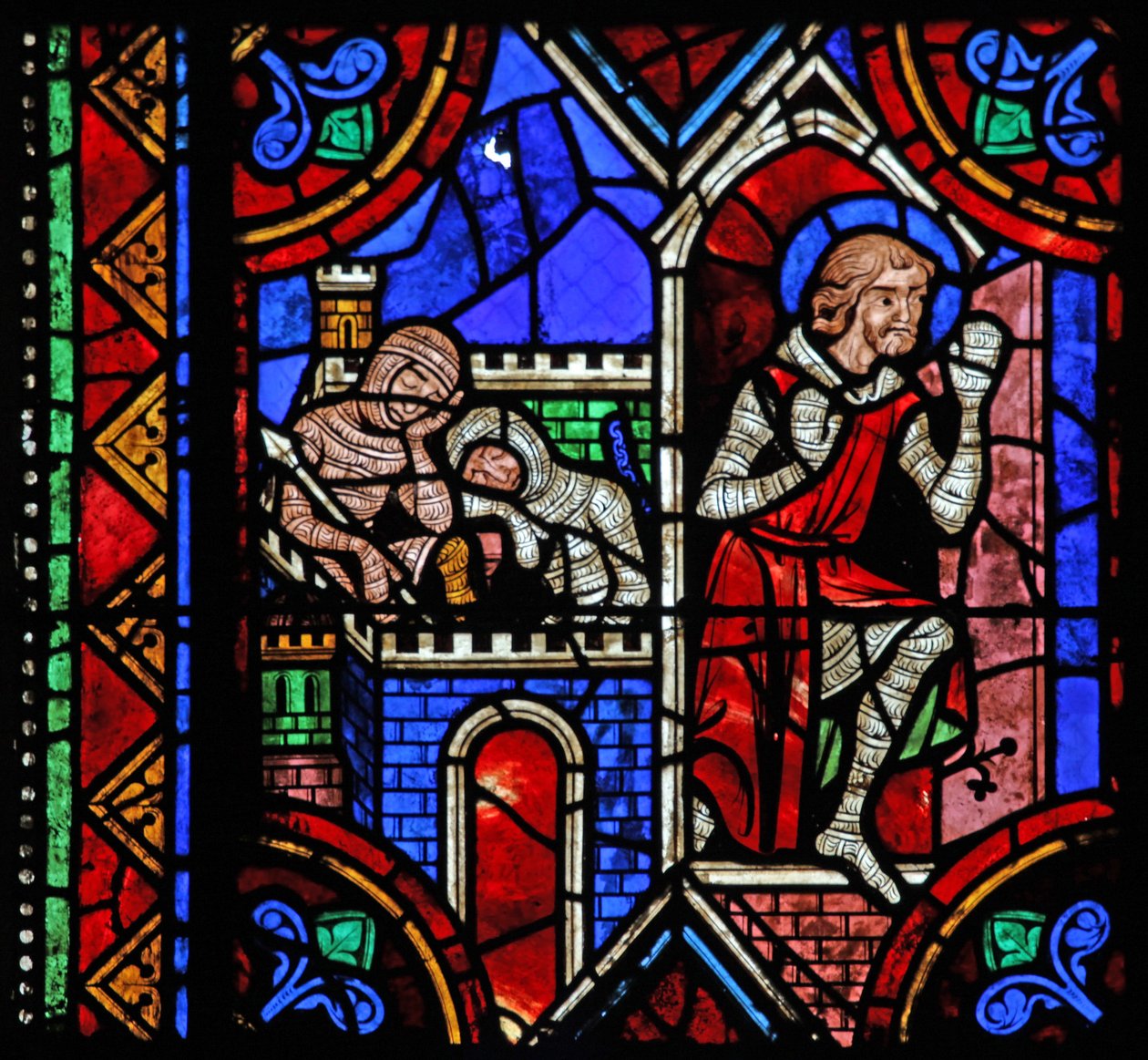 Vindue w06, der viser historien om Sankt Julian af Brioude - Sankt Ferreol, en ven af Julien, som døde under Diocletians forfølgelser, flygter af French School