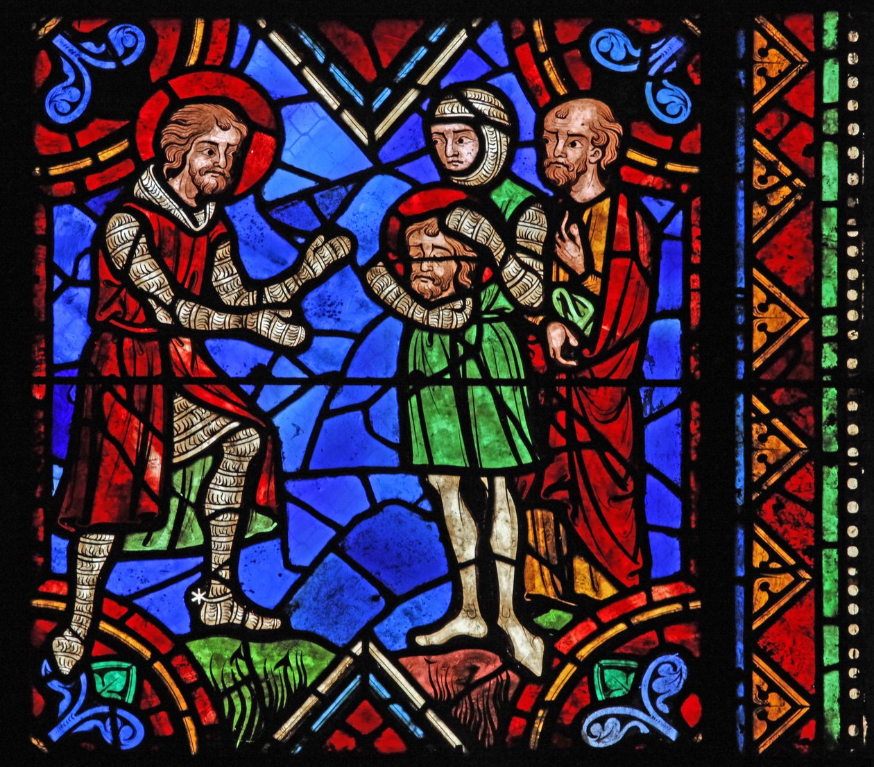Vindue w06, der viser historien om Sankt Julian af Brioude - Sankt Ferreol, en ven af Julien, som døde under Diocletians forfølgelser, modtager Brioudes hoved efter hans henrettelse af French School