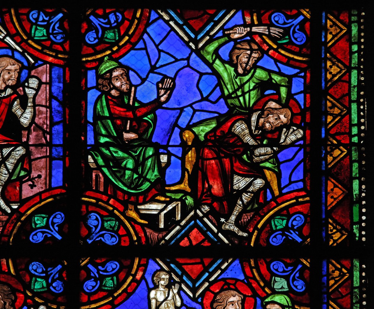 Vindue w06, der viser historien om St. Julian af Brioude - St. Ferreol, en ven af Julien, som døde under Diocletians forfølgelser, bliver fanget og tævet af French School