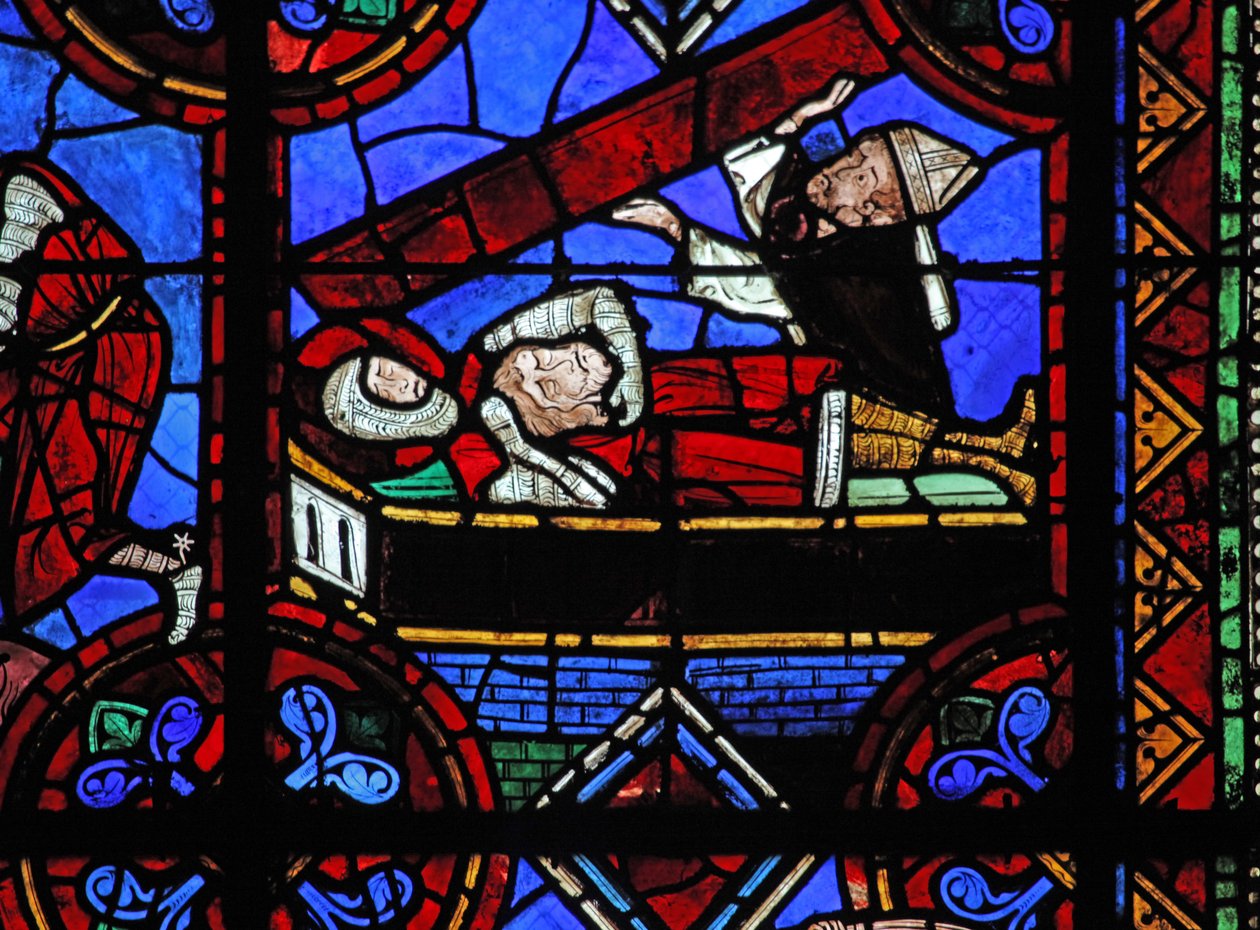 Vindue w06, der viser historien om Skt. Julian af Brioude - St. Ferreols død, en ven af Julien, som døde under Diocletians forfølgelser; St Ferreol er begravet med St Brioudes hoved. De er opdage af French School