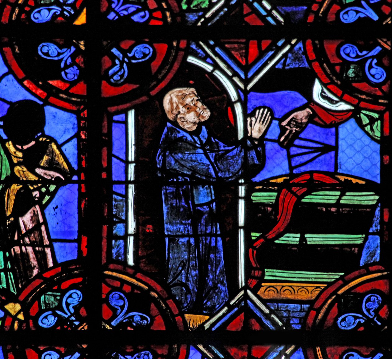 Vindue w06, der viser miraklet med den fulde vintønde ved grundlæggelsen af St. Juliens kloster af French School