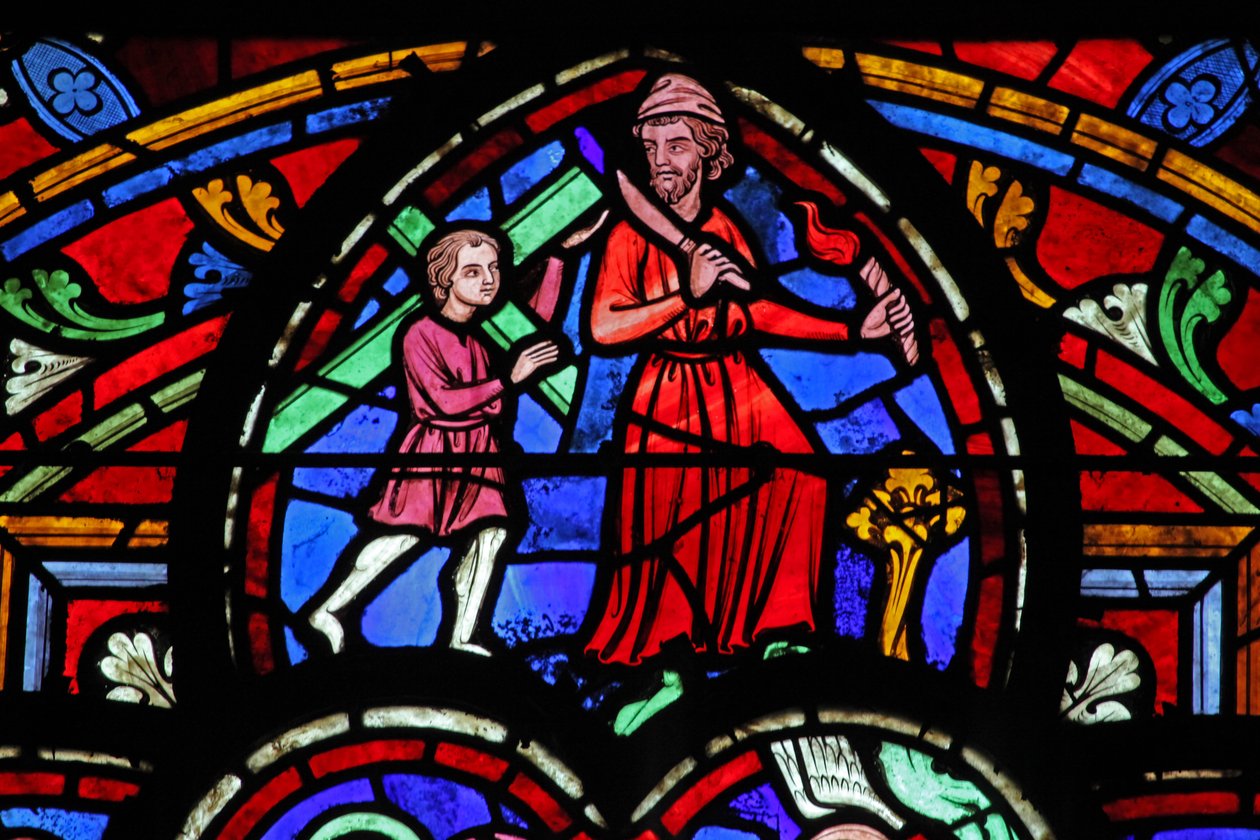 Vindue w0 forestillende Abraham med Isak, der bærer træ af French School