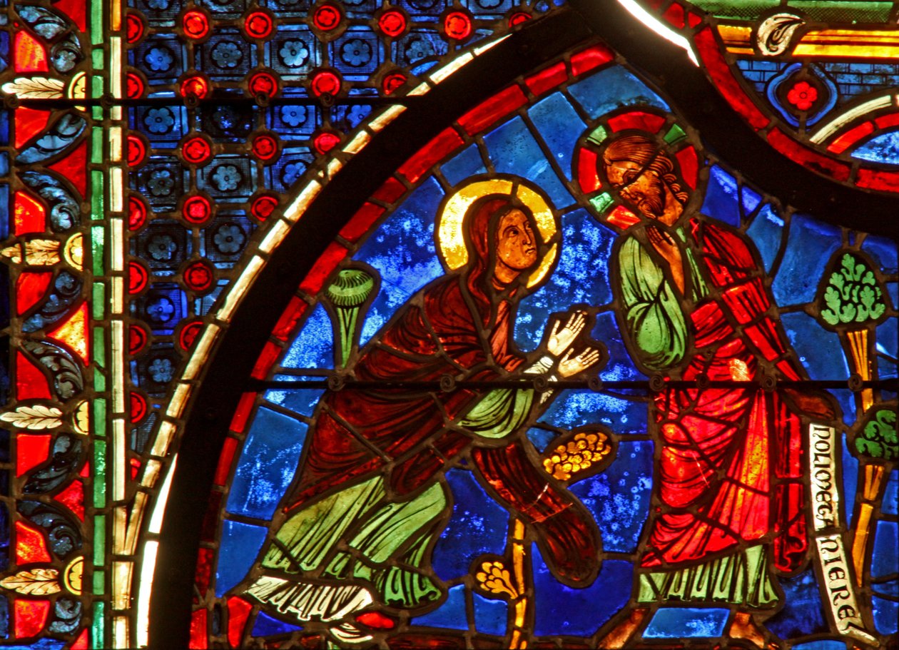 Vindue w0, der viser en opstandelsesscene: tilsynekomsten for Maria Magdalene af French School