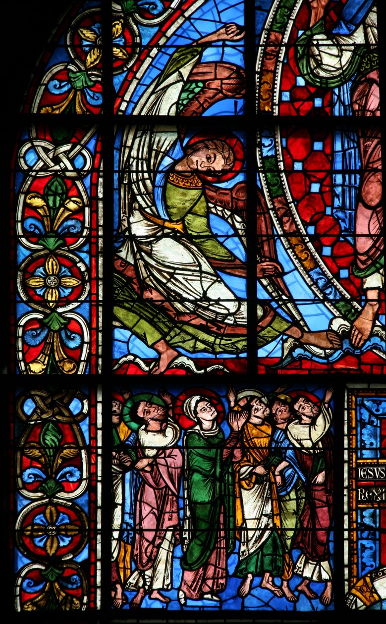 Vindue w0, der forestiller apostlene og jomfru Maria ved Kristi himmelfart af French School