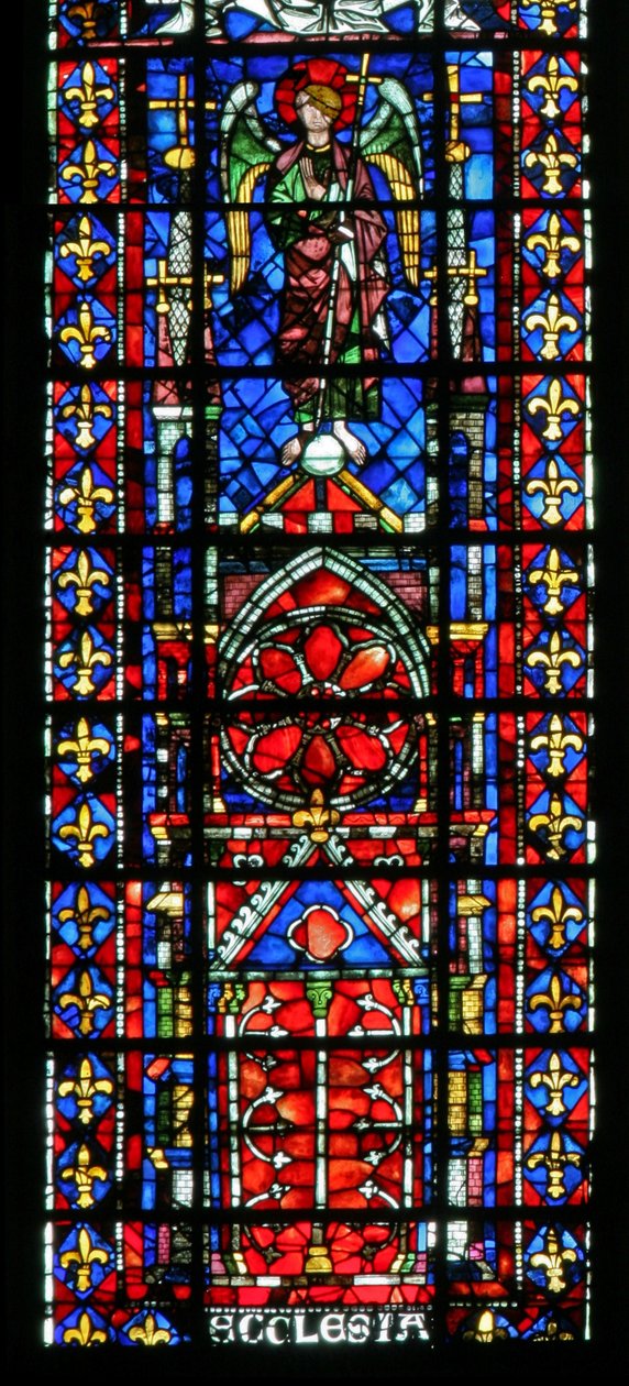 Vindue w100, der forestiller kirkens katedral i Reims af French School