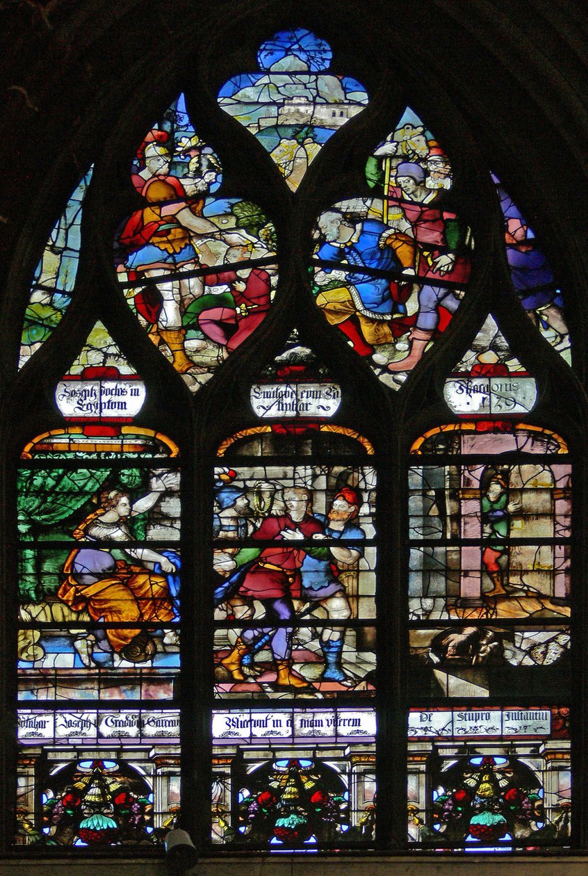 Vindue w107, der viser scener fra Josefs liv af French School