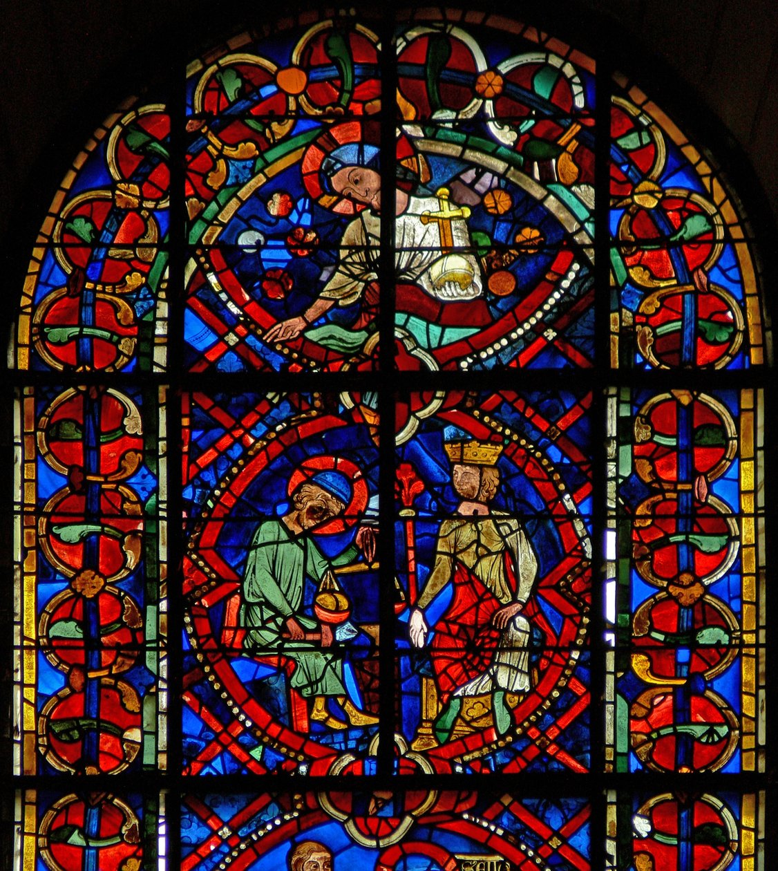 Vindue w107b, der viser St. Eloi foran en konge af French School
