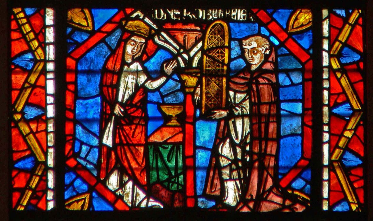 Vinduet w108 forestiller en donor Robert le Pele tilbyder et vindue af French School
