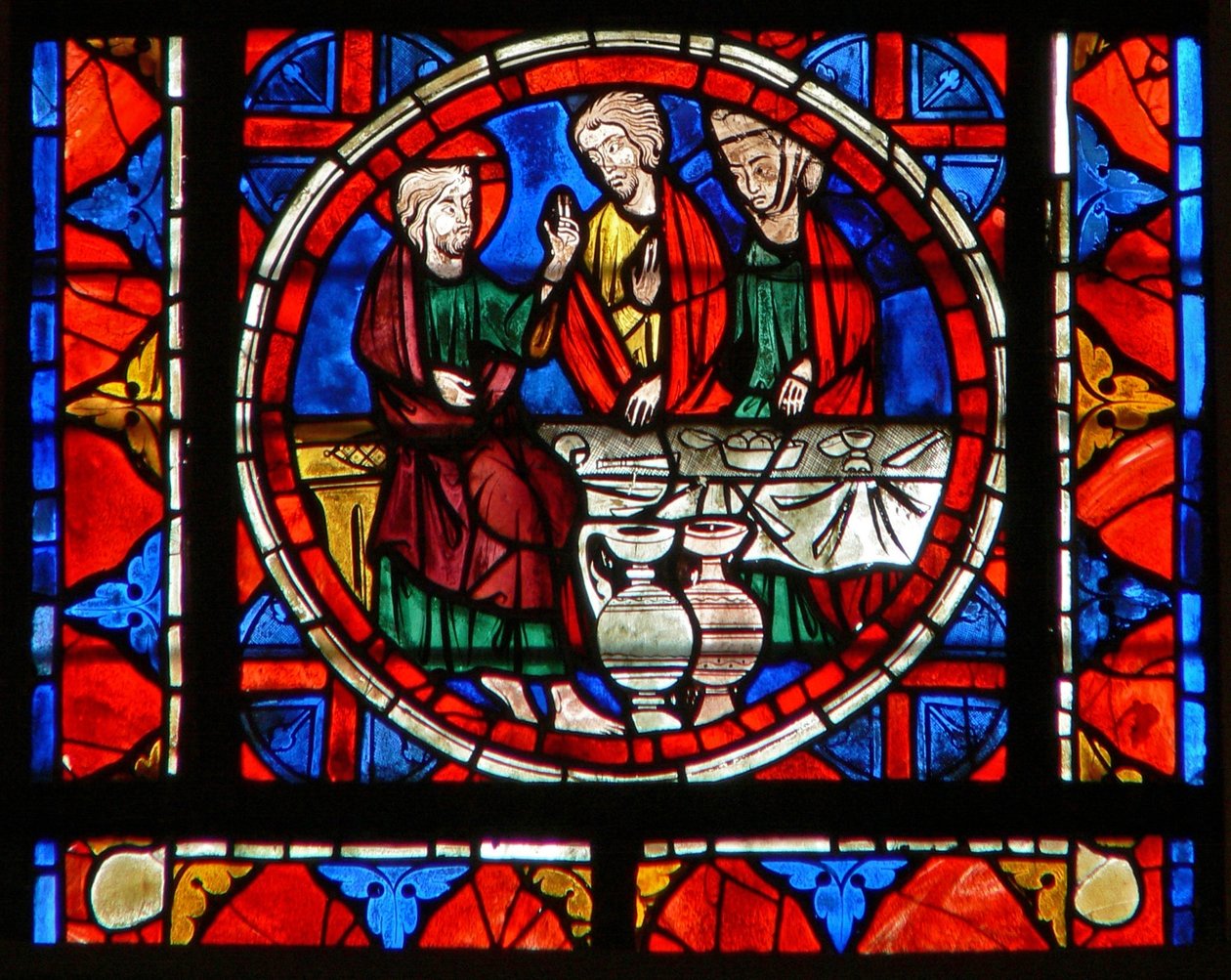 Vindue w109, der viser en scene fra Maria Magdalenas liv - ved måltidet på Simons sted af French School