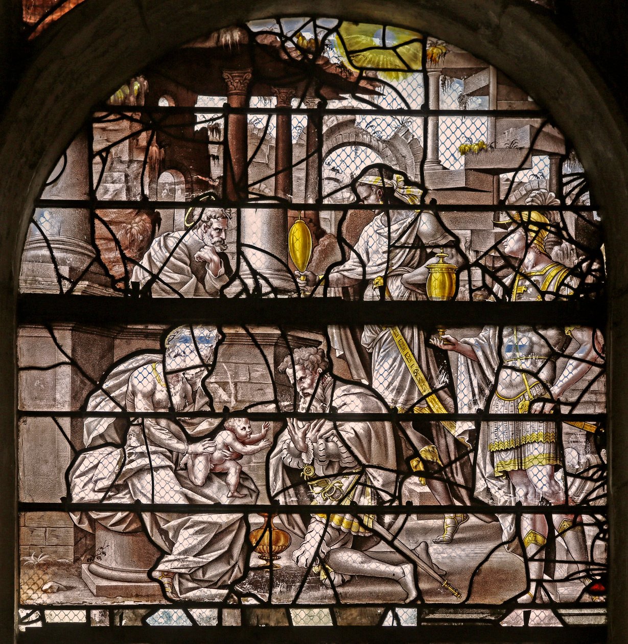 Vindue w10, der viser magiernes tilbedelse: design af Durer og tilpasninger af Master of Des-designs til historien om Psyche!n af French School