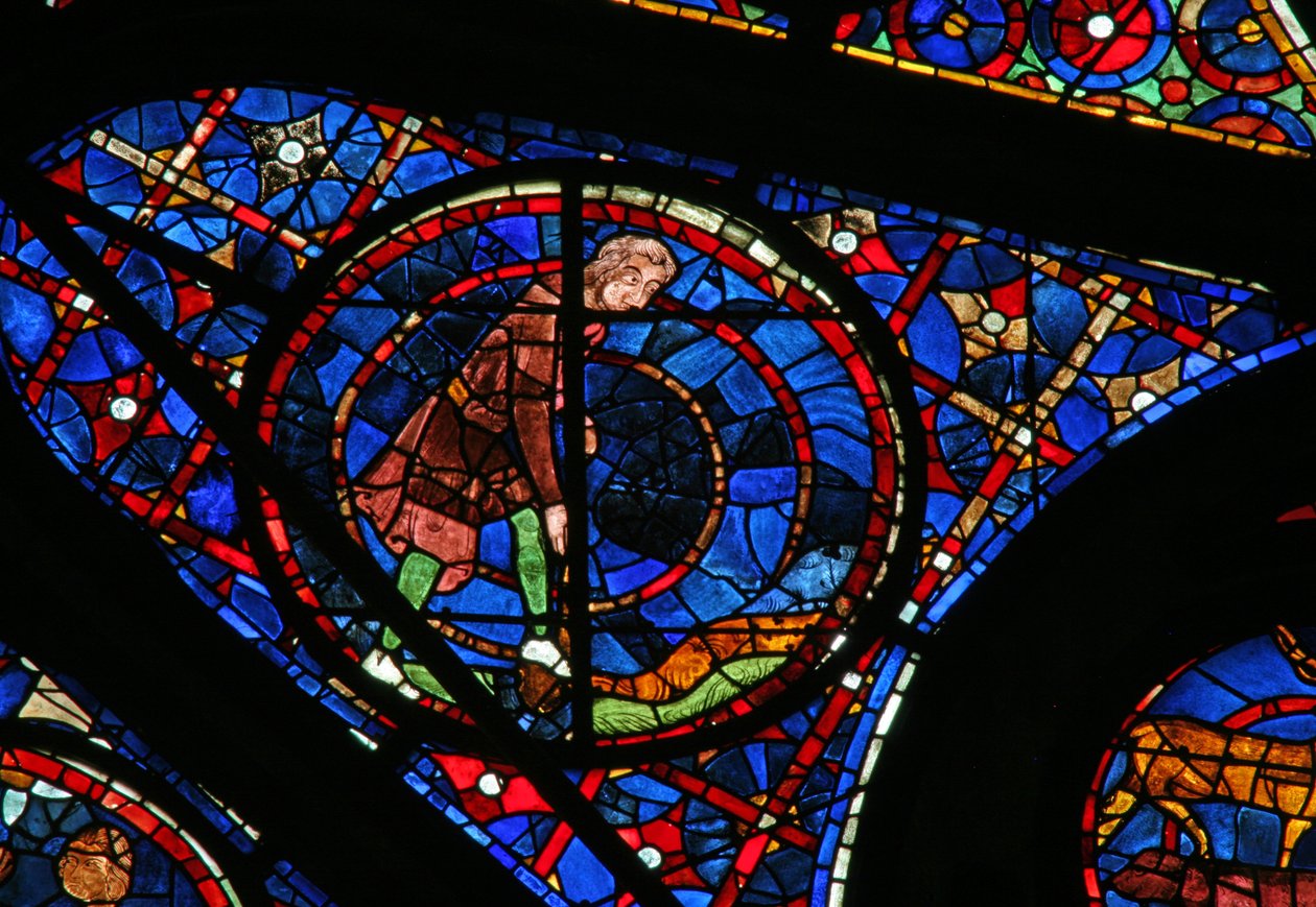Vindue w115, der forestiller Kain, dyrker jorden af French School