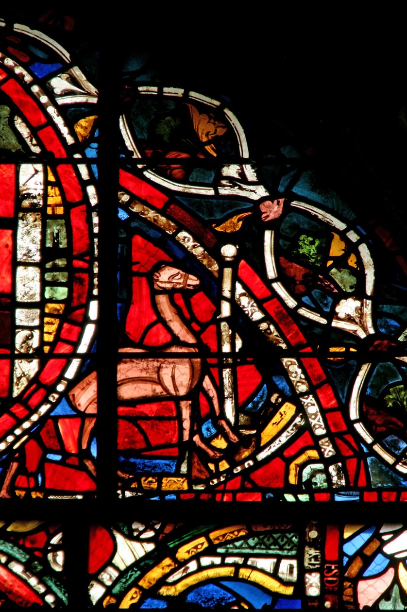 Window w12-R, der viser en scene fra historien om den fortabte søn: en kamel står klar for at hjælpe ham med at fjerne sin arv af French School