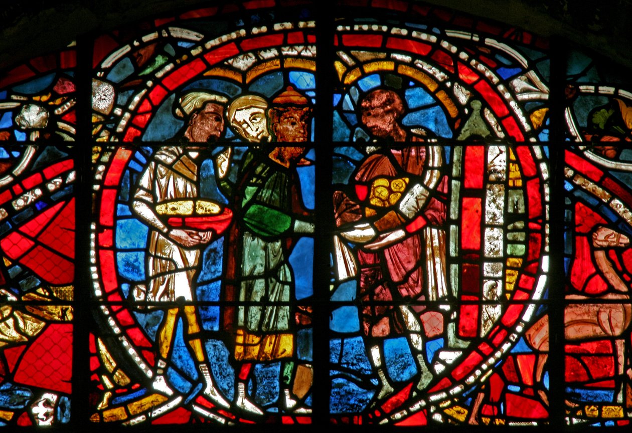 Window w12-R, der viser en scene fra historien om den fortabte søn: han modtager sin arv af French School