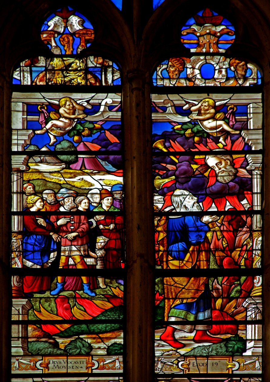 Vindue w120 viser Moses, der modtager lovens tabeller af French School