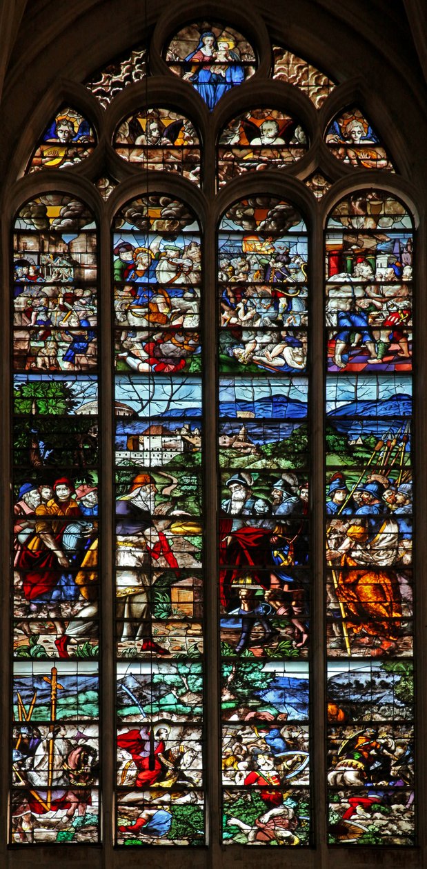 Vindue w124 forestillende Abraham og Melkisedek; St James i kamp med maurerne i Spanien; scener fra St James