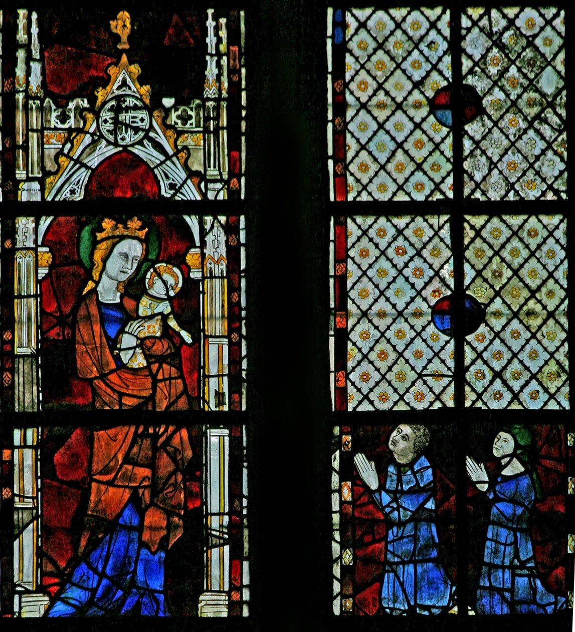 Vindue w125 forestillende Jomfru Maria; to donorer af French School