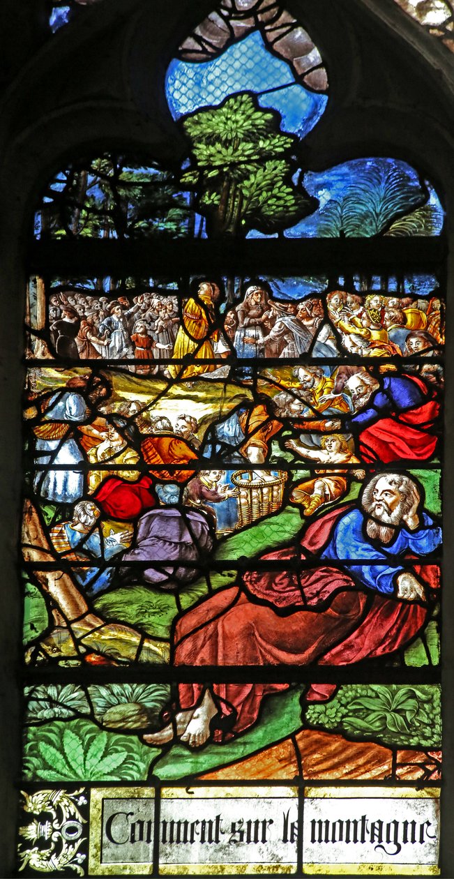 Vindue w12, der viser en detalje fra Miracle of the Feeding of the 5000 af French School
