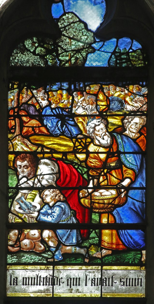 Vindue w12, der viser en detalje fra Miracle of the Feeding of the 5000 af French School