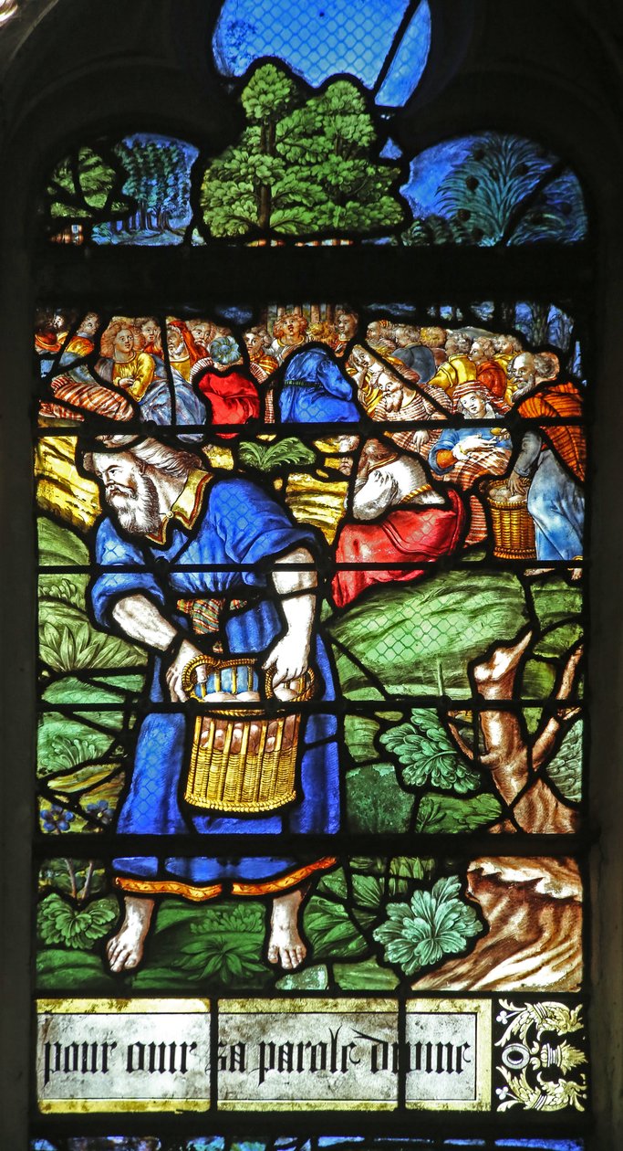 Vindue w12, der viser en detalje fra Miracle of the Feeding of the 5000 af French School