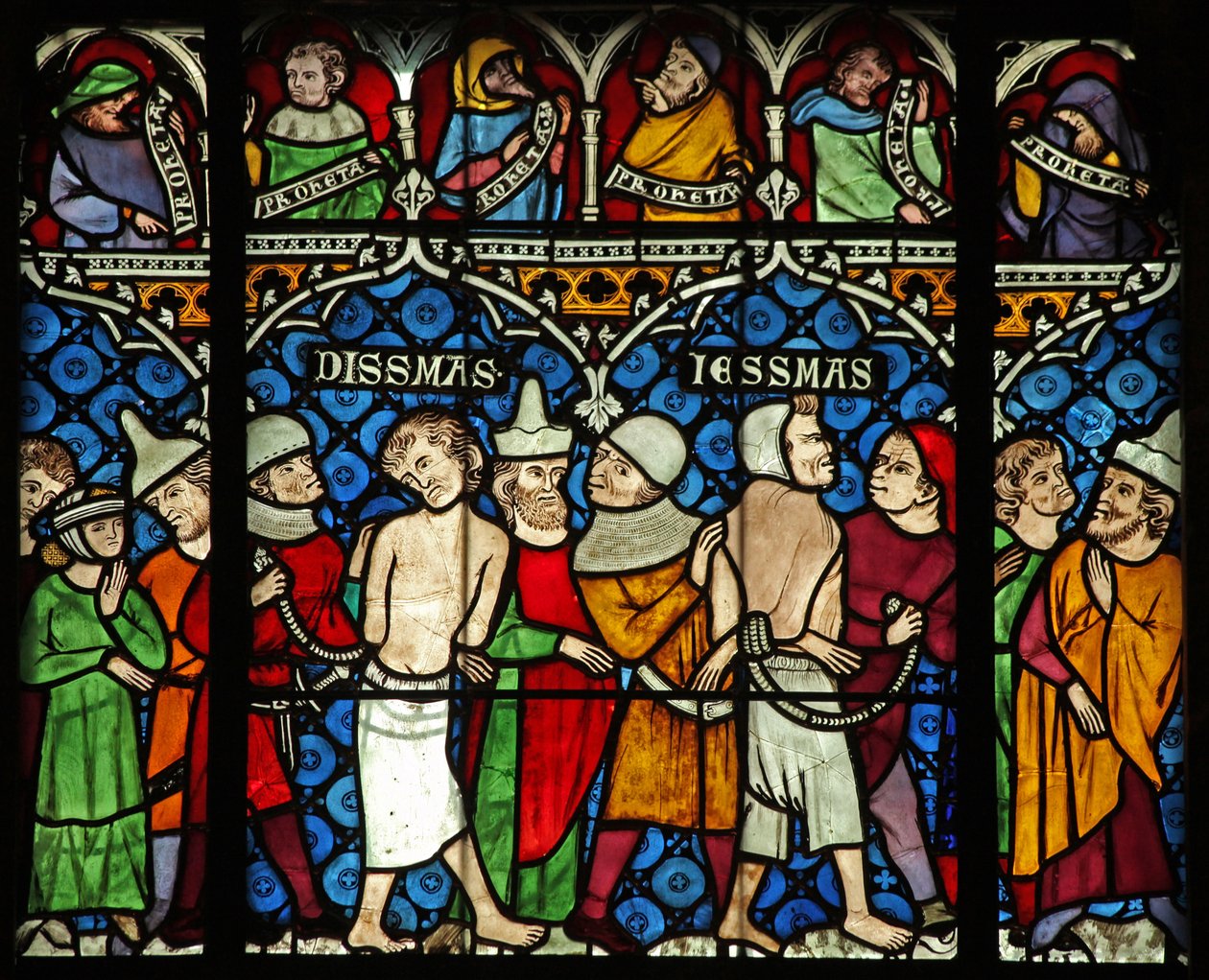 Vindue w12, der viser to tyve, er udvalgt til at blive korsfæstet med Jesus af French School
