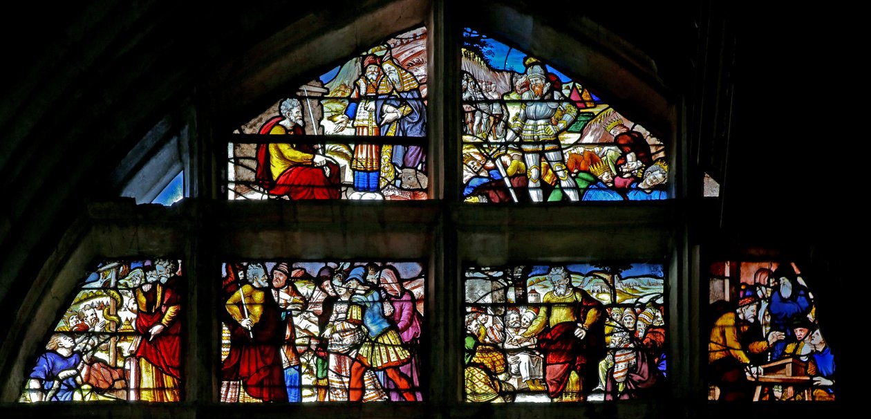 Vindue w130, der viser scener fra Det gamle Testamente af French School