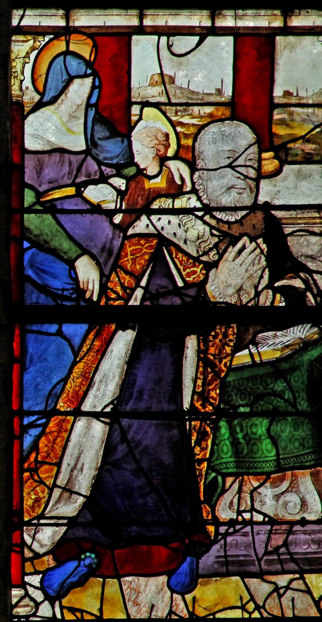 Vindue w13 viser Anne de Montmorency med St. Anne, der lærer Jomfruen at læse af French School
