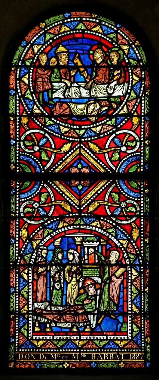 Vindue w13, der afbilder Givet til kirken i det 19. århundrede, stammer disse to paneler fra det tidlige C13 og er det ældste glas i Chalons af French School