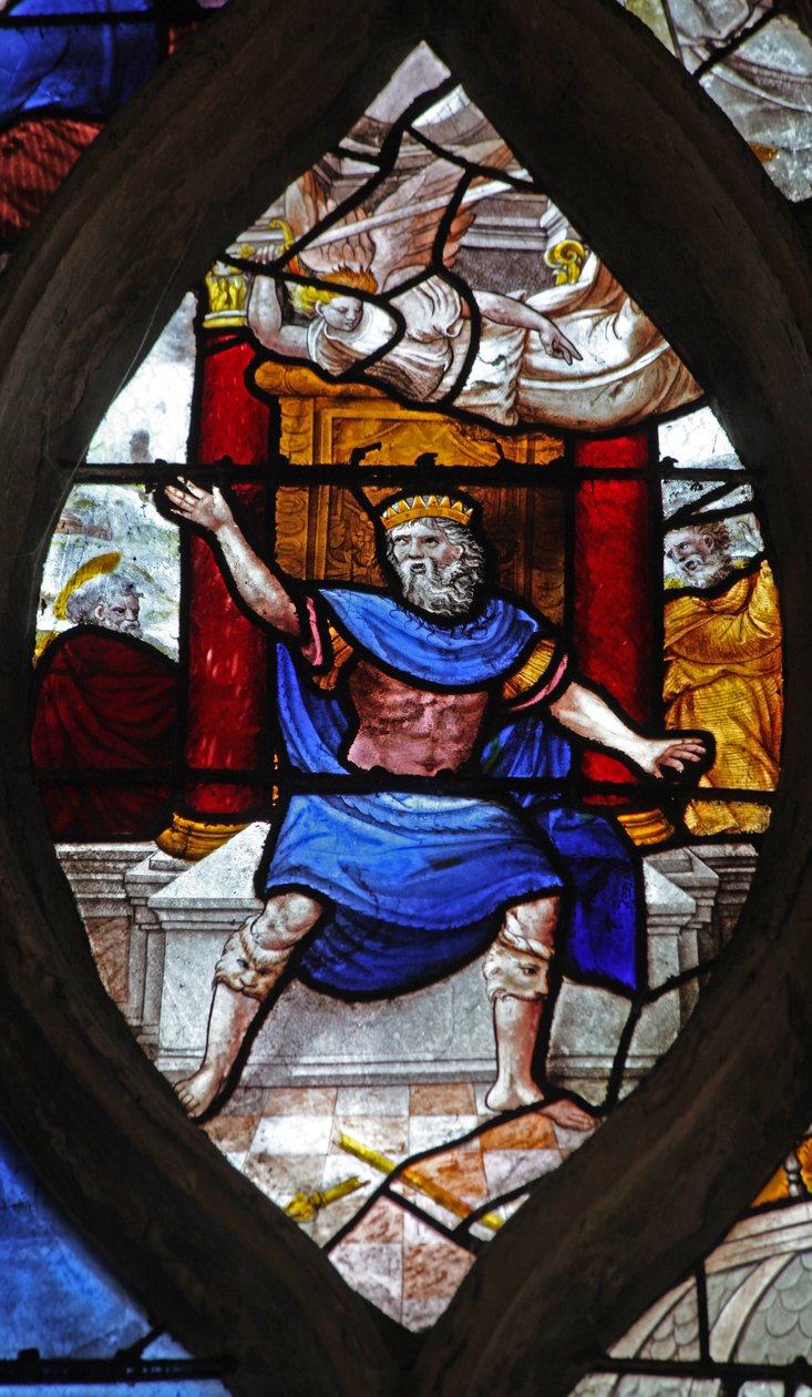 Vindue w13, der viser Skt. Peter-scenen; Herodes chikaneret af en engel af French School