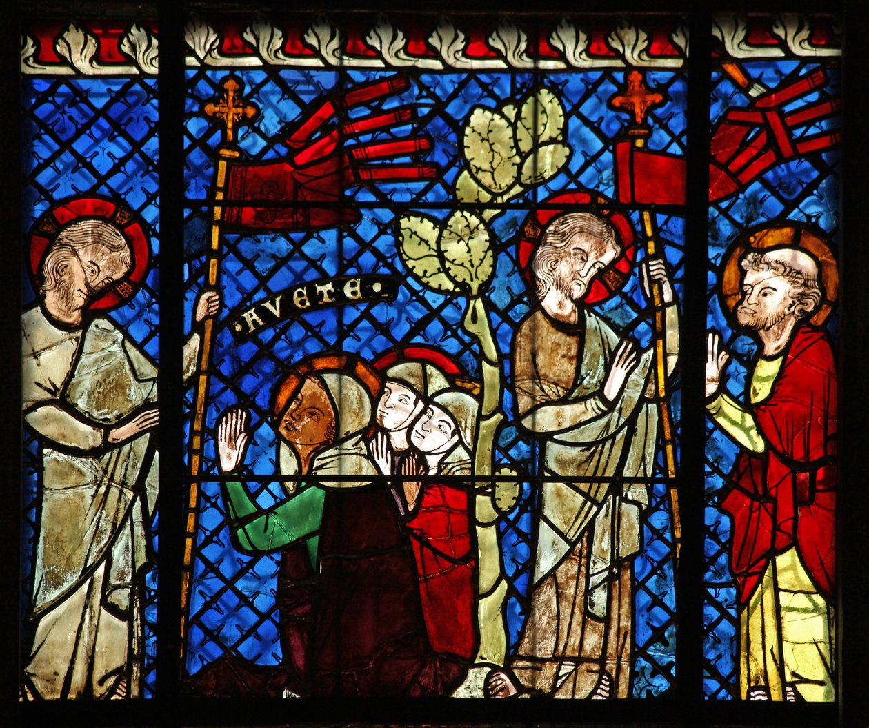 Vindue w14, der forestiller Kristus, viser sig for kvinderne og St. Peter af French School