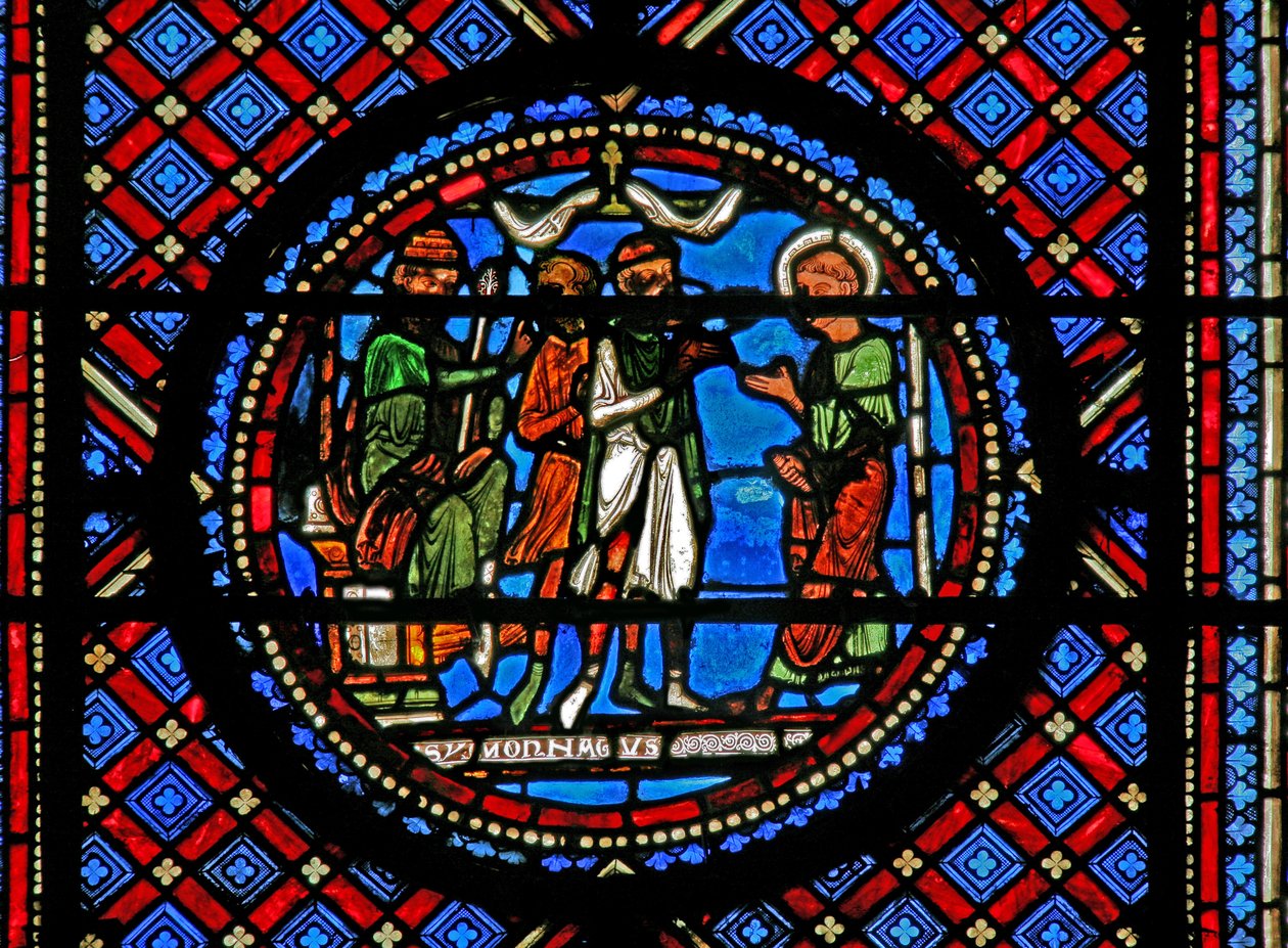 Vindue w14 viser Simon Magus og Sankt Peter før Herodes af French School