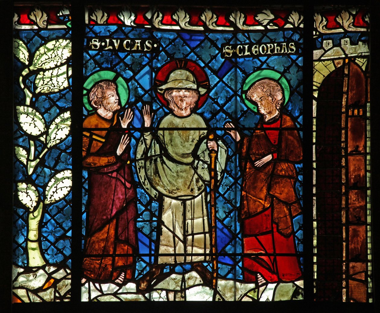 Vindue w14, der viser mødet med Kristus på vejen til Emmaus: Sankt Lukas og Sankt Kleophas af French School