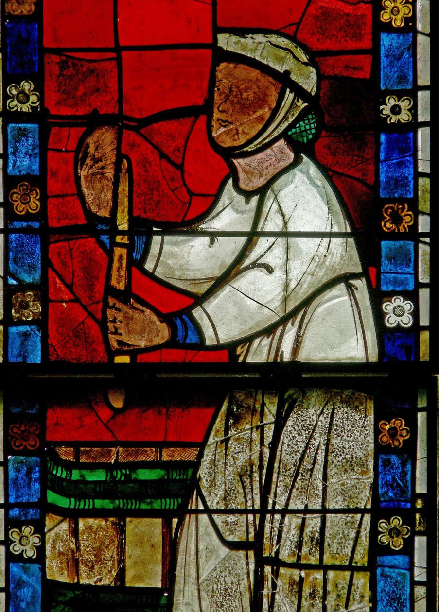 Vindue w15, der viser en scene fra en legende om St. Nicholas: miraklet med 3 drenge: en slagter dræber tre drenge af French School