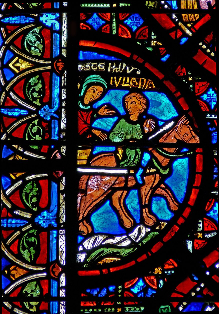 Vindue w15, der viser historien om St. Stephens relikvier: relikvier er taget til Konstantinopel af French School