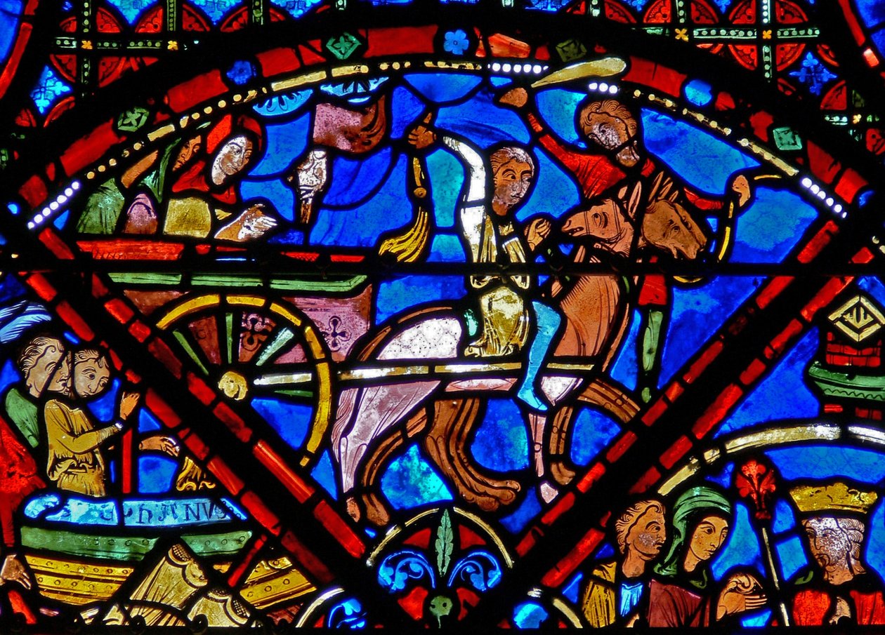 Vindue w15, der viser historien om St Stephens relikvier: transport af relikvier med hest og vogn af French School